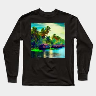 Elegant Kerala natural landscape of coconut trees sunset sky river and houseboat Long Sleeve T-Shirt